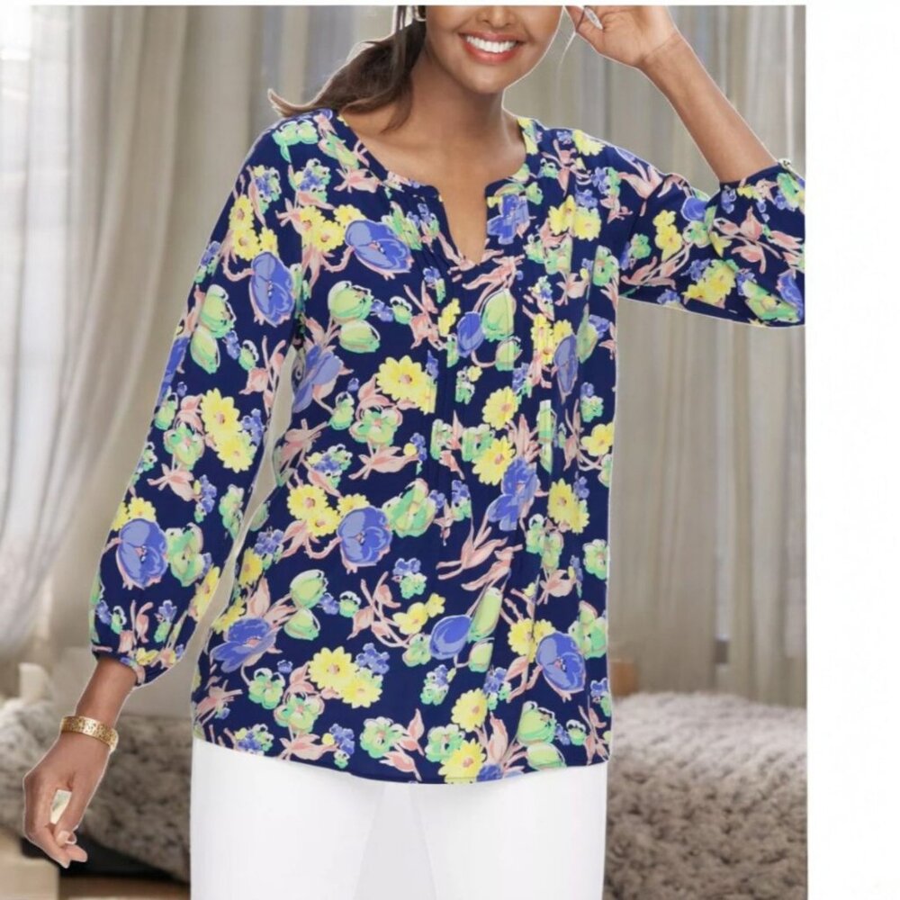 Talbots Women’s XL Split Neck Pintuck Blue Floral print Blouse
